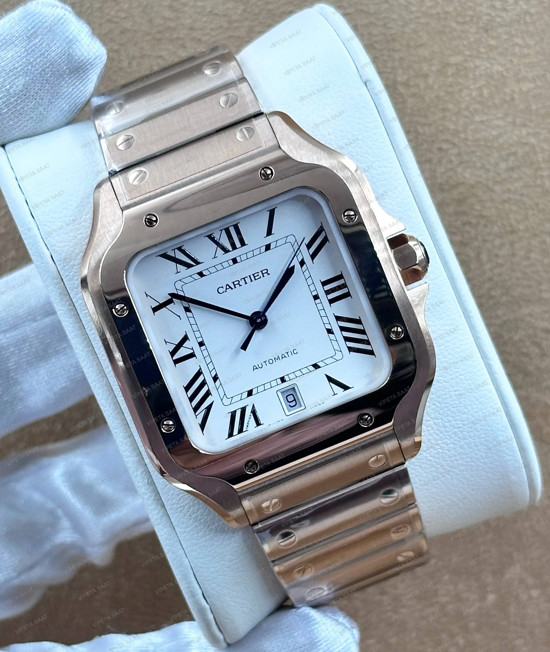 Cartier Santos de Cartier Large WGSA0019 39.8 MM 18K Rose Gold Kasa Beyaz Roma Rakamlı Kadran Rose Gold Bilezik Super Clone ETA Saat Detay Görsel 1