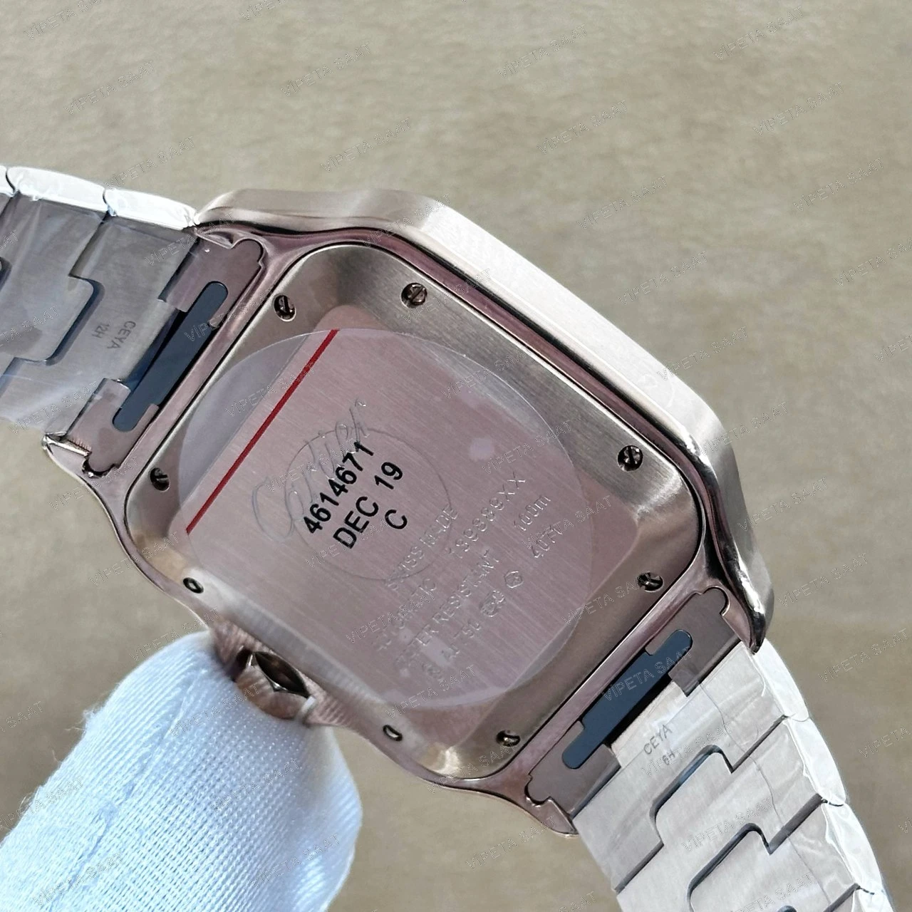 Cartier Santos de Cartier Large WGSA0019 39.8 MM 18K Rose Gold Kasa Beyaz Roma Rakamlı Kadran Rose Gold Bilezik Super Clone ETA Saat Detay Görsel 4