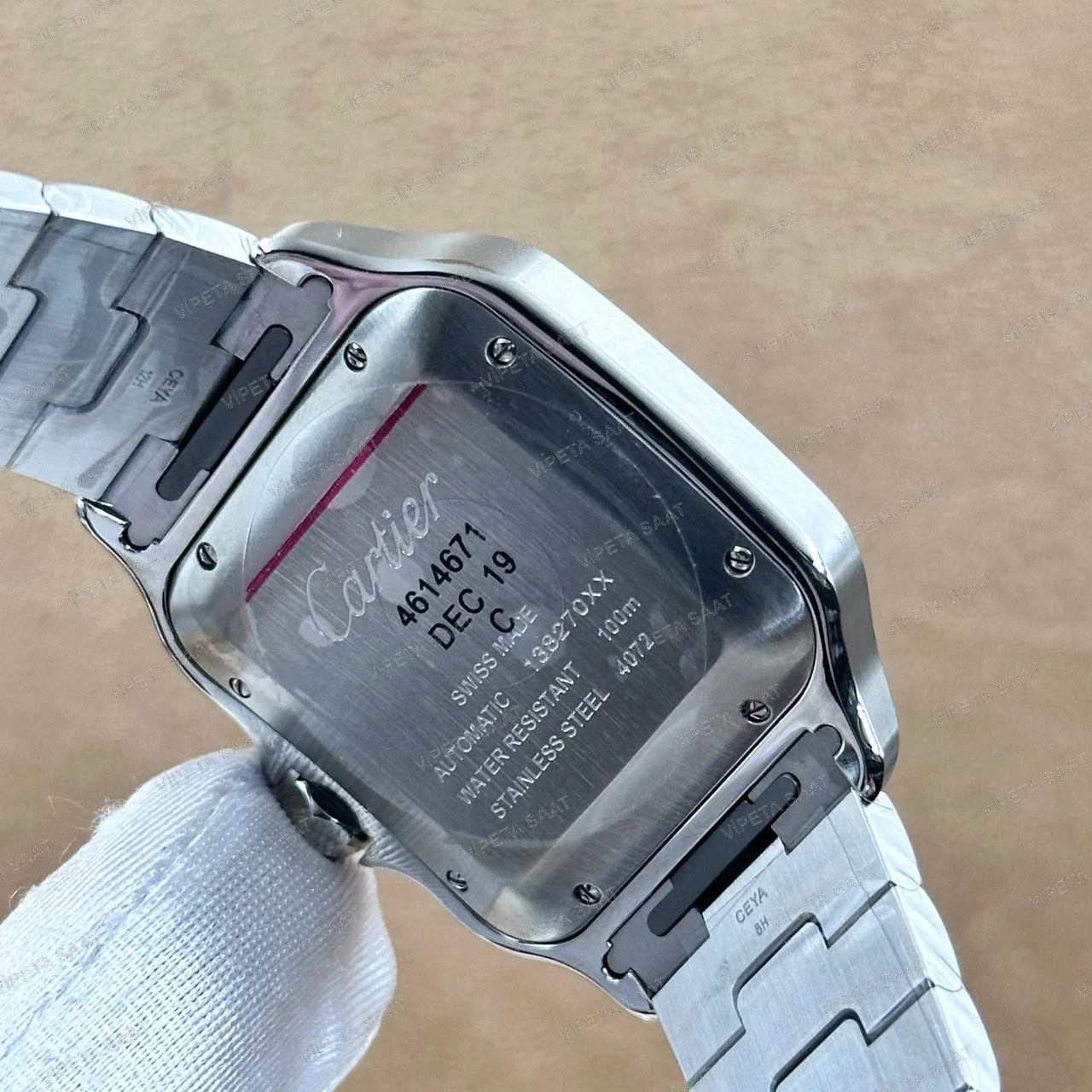 Cartier Santos de Cartier Large WSSA0018 39.8 MM Beyaz Roma Rakamlı Kadran Çelik Bilezik ve Deri Kordon Setli Super Clone ETA Saat Detay Görsel 4