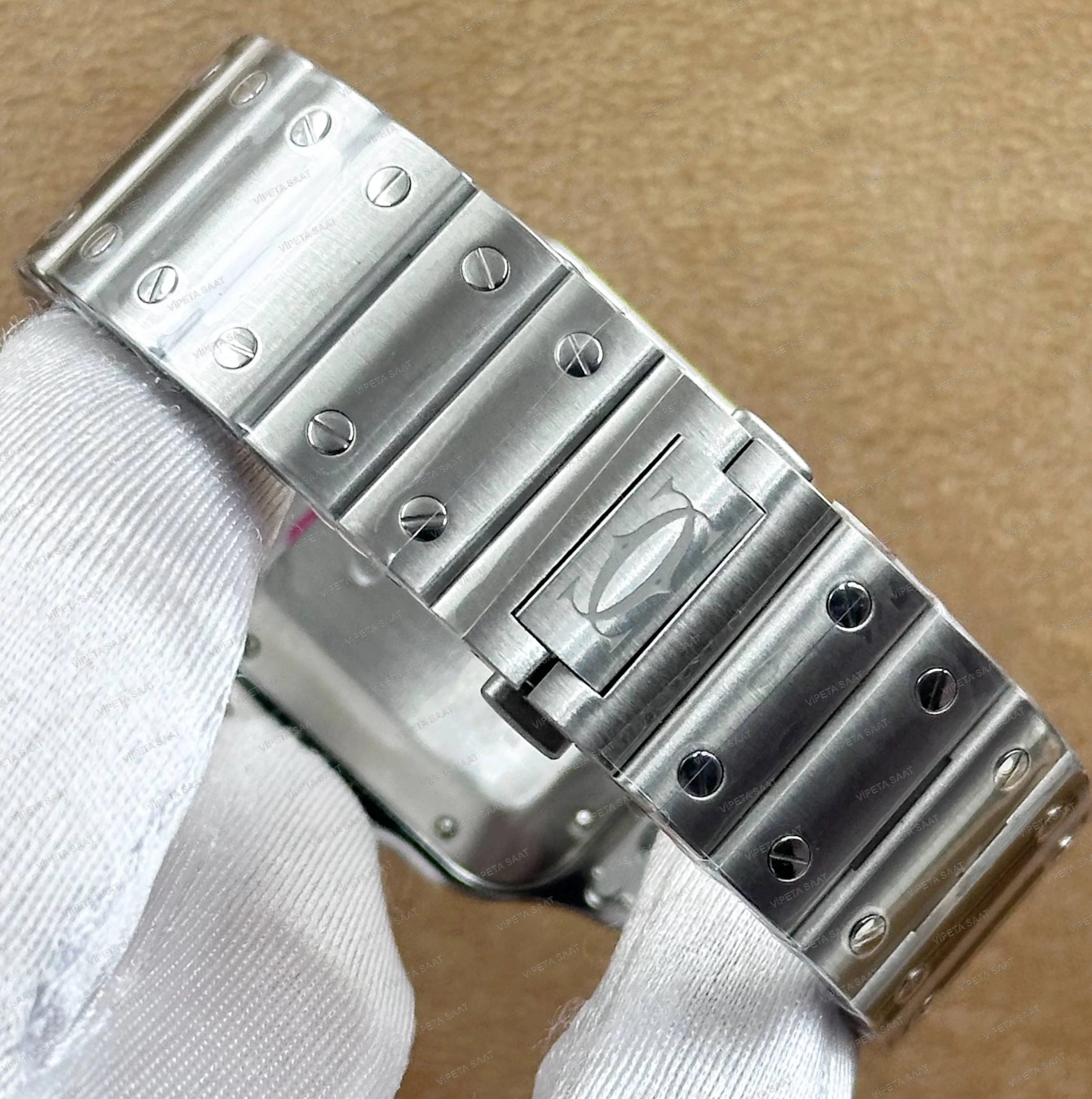Cartier Santos de Cartier Large WSSA0018 39.8 MM Beyaz Roma Rakamlı Kadran Çelik Bilezik ve Deri Kordon Setli Super Clone ETA Saat - Görsel 7