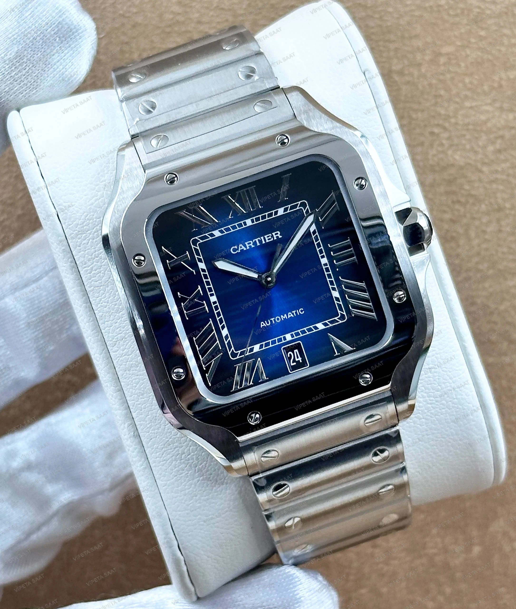 Cartier Santos de Cartier Large WSSA0030 39.8 MM Mavi Kadran Çelik Bilezik Super Clone ETA Saat Detay Görsel 1