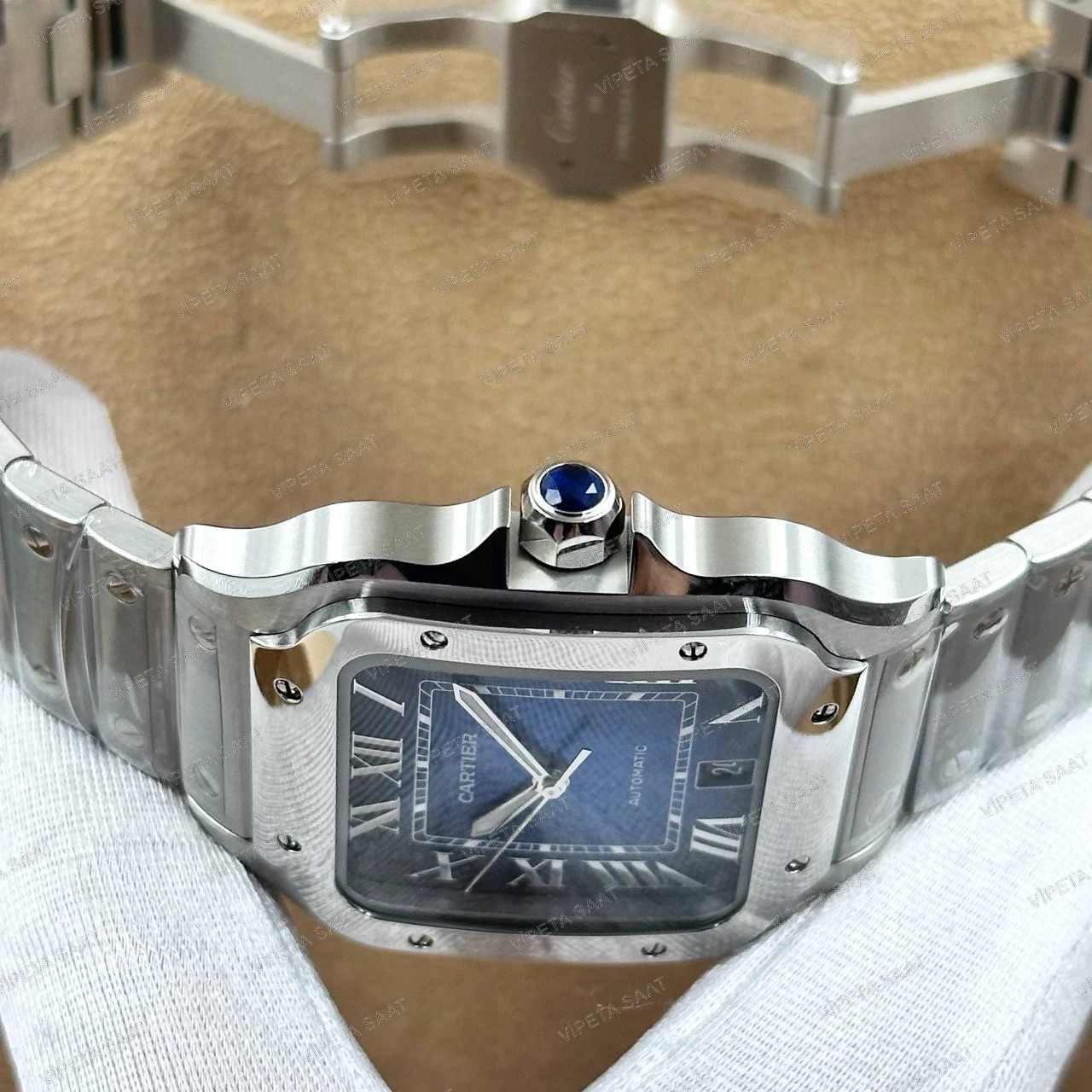 Cartier Santos de Cartier Large WSSA0030 39.8 MM Mavi Kadran Çelik Bilezik Super Clone ETA Saat Detay Görsel 2