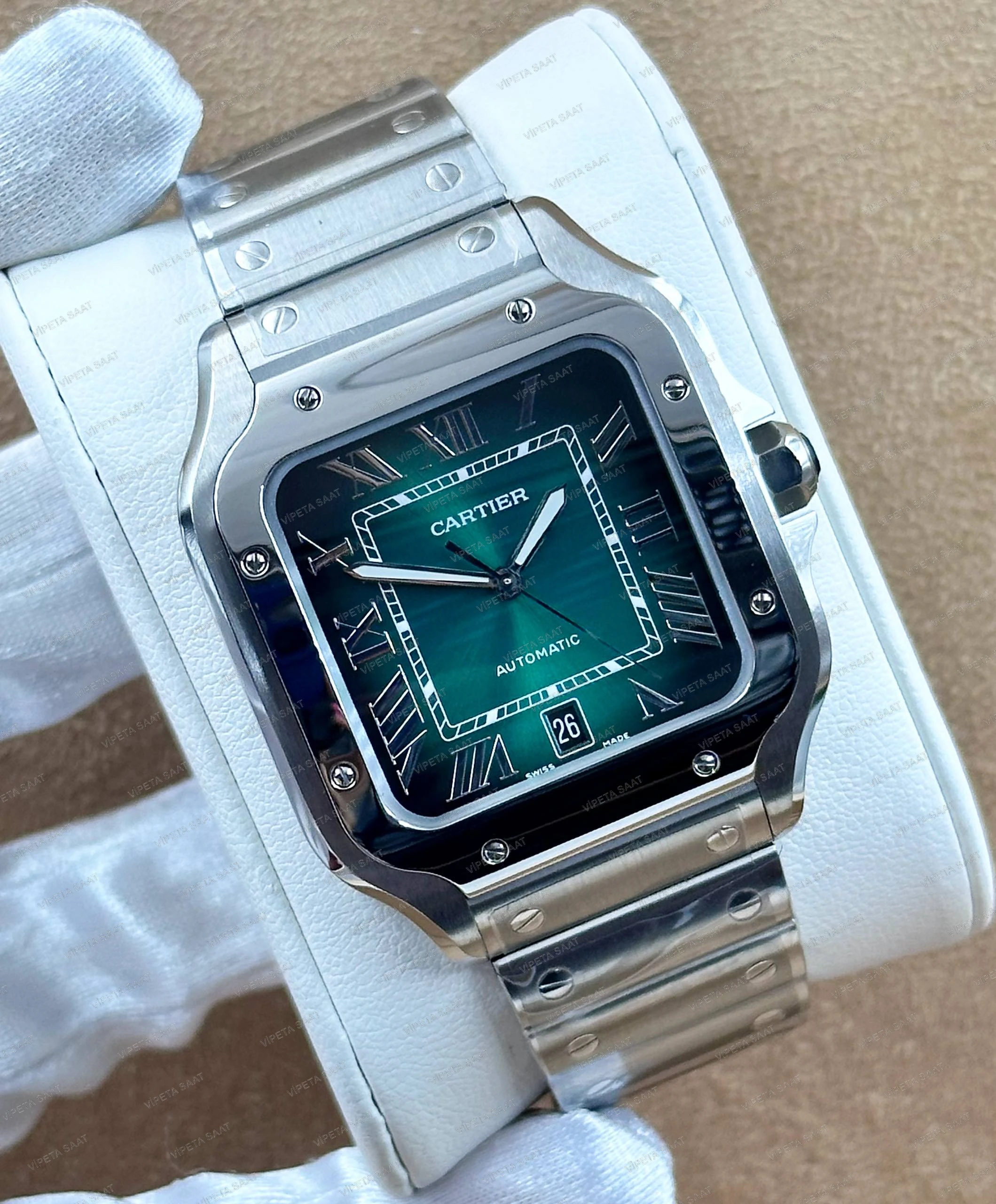 Cartier Santos de Cartier Large WSSA0062 39.8 MM Zümrüt Yeşil Kadran Çelik Bilezik Super Clone ETA Saat - Görsel 2