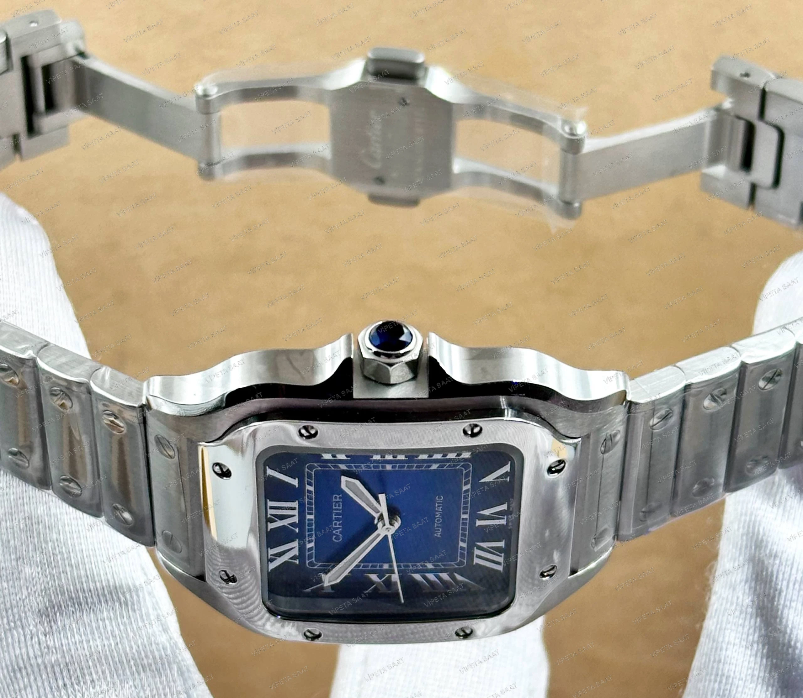 Cartier Santos de Cartier Medium WSSA0063 35.1 MM Lacivert Mavi Kadran Çelik Bilezik Super Clone ETA Saat Detay Görsel 2