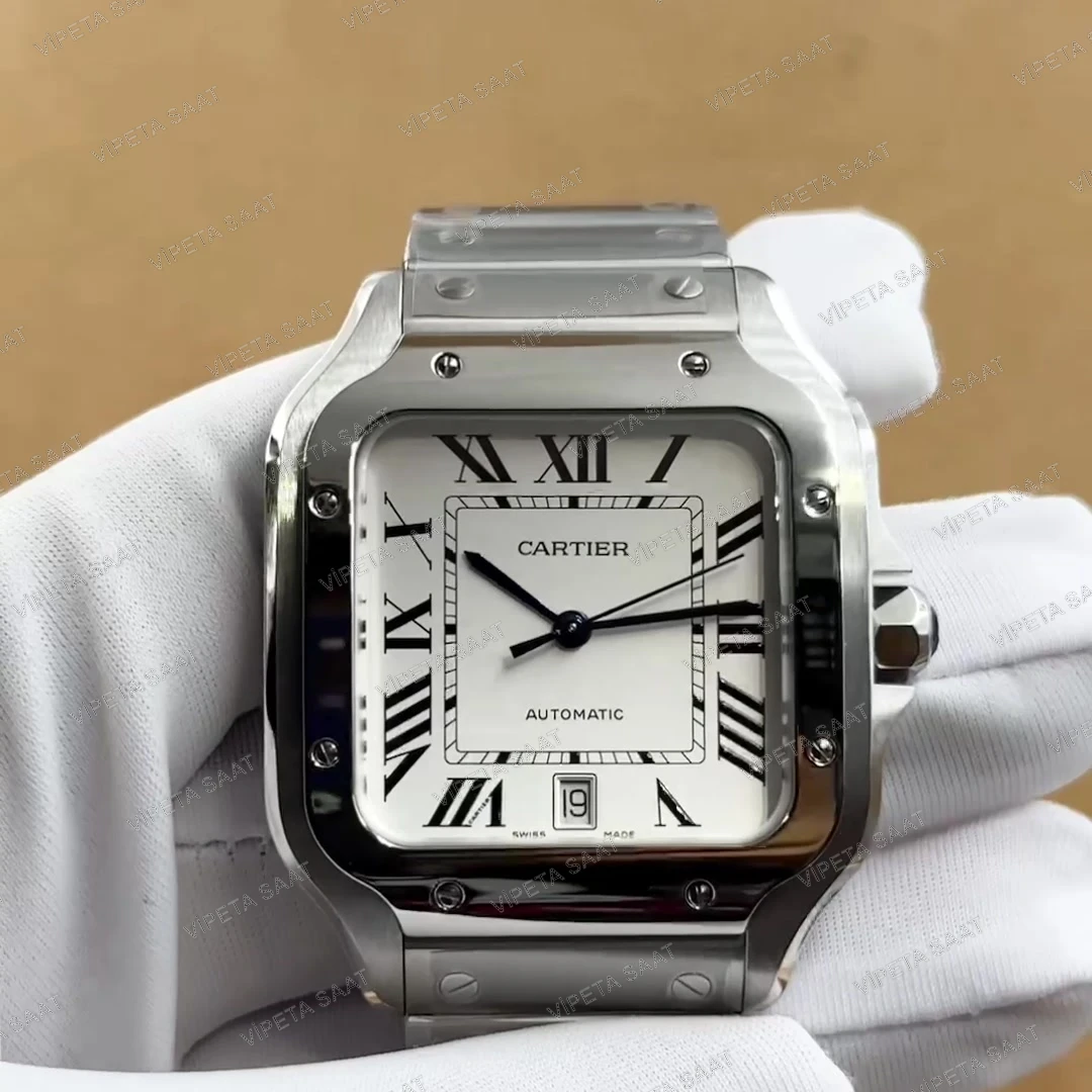 Cartier Santos de Cartier WSSA0018 40 MM Beyaz Roma Rakamlı Kadran Çelik Bilezik Super Clone ETA Saat Detay Görsel 1