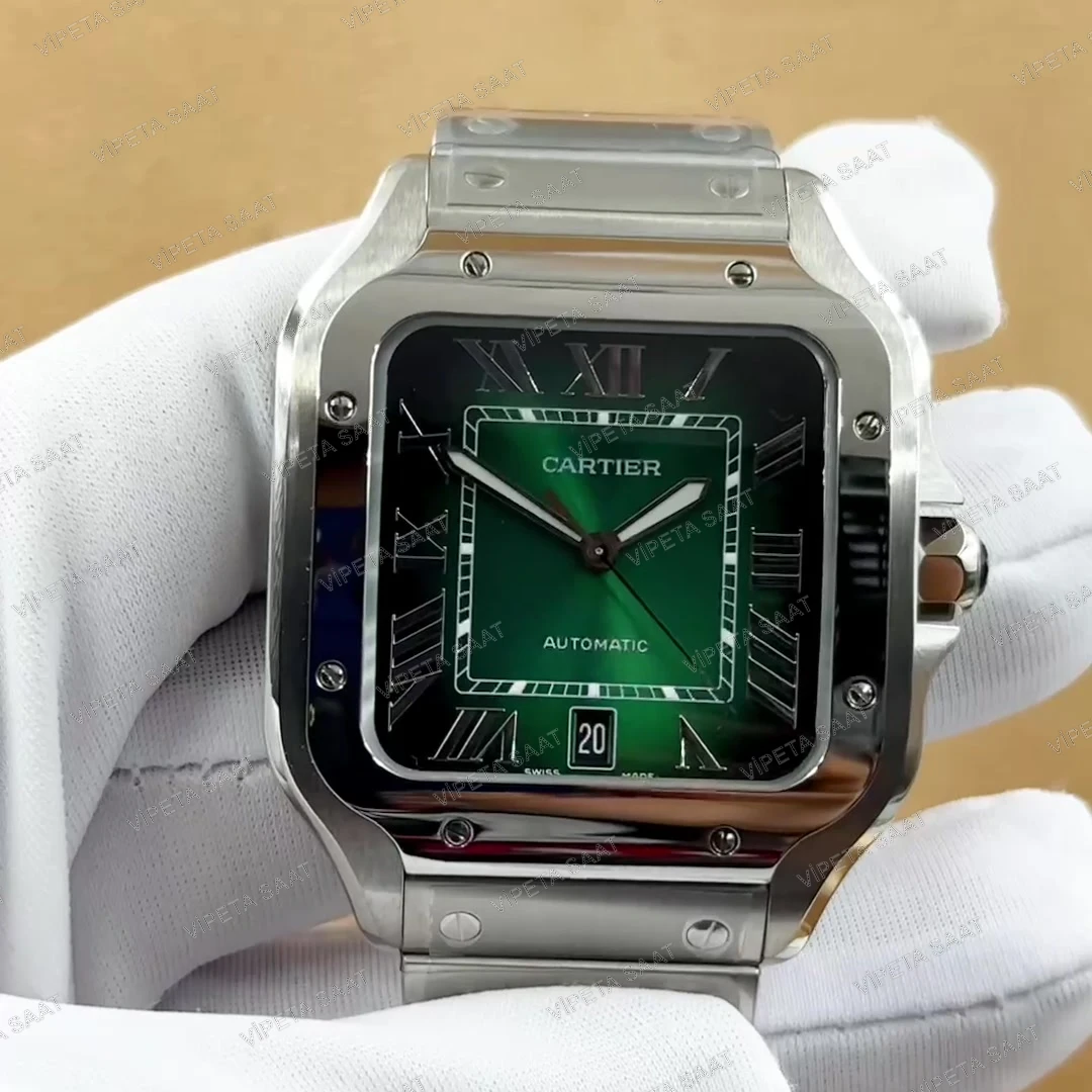 Cartier Santos de Cartier WSSA0061 40 MM Zümrüt Yeşil Kadran Çelik Bilezik Super Clone ETA Saat Detay Görsel 1
