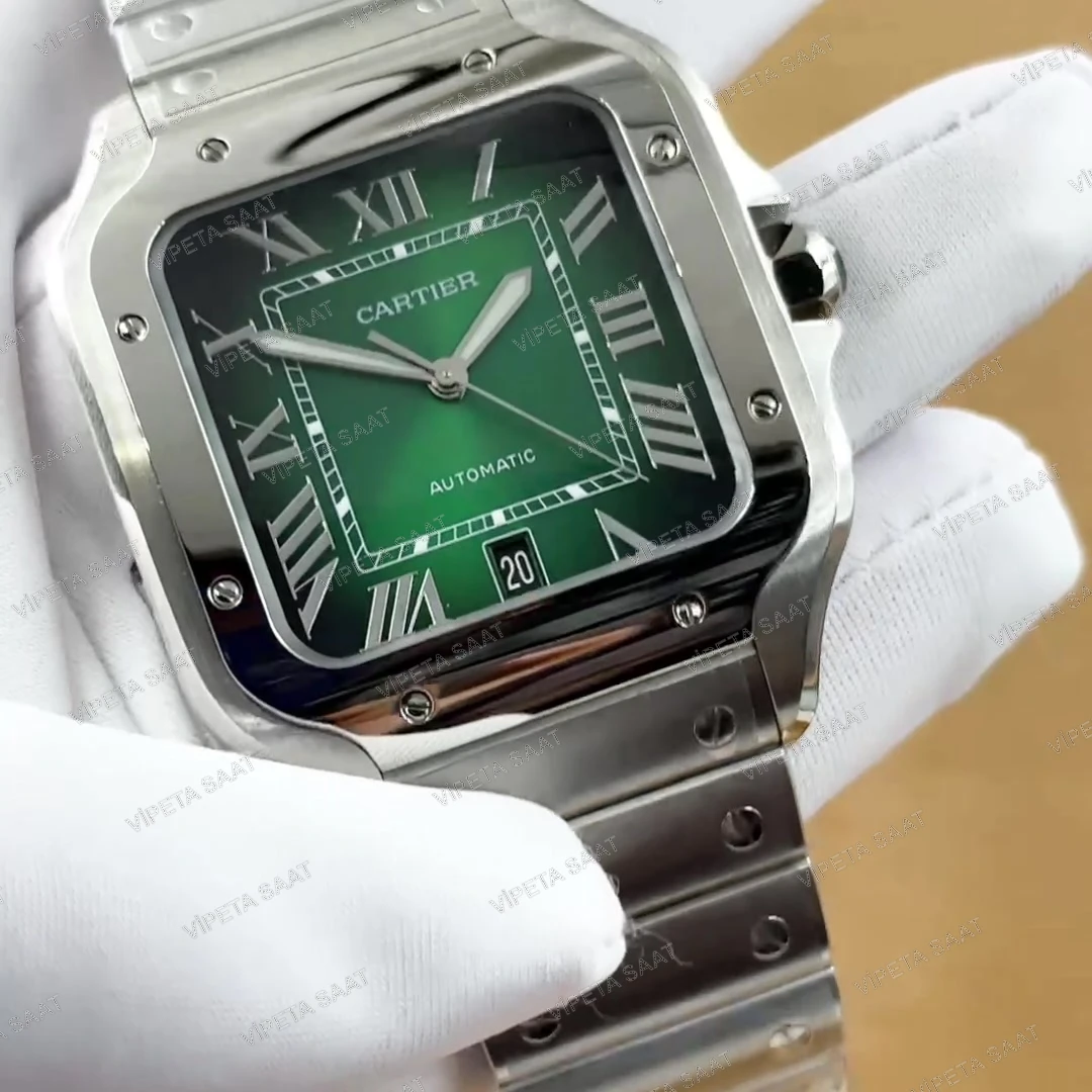 Cartier Santos de Cartier WSSA0061 40 MM Zümrüt Yeşil Kadran Çelik Bilezik Super Clone ETA Saat Detay Görsel 4