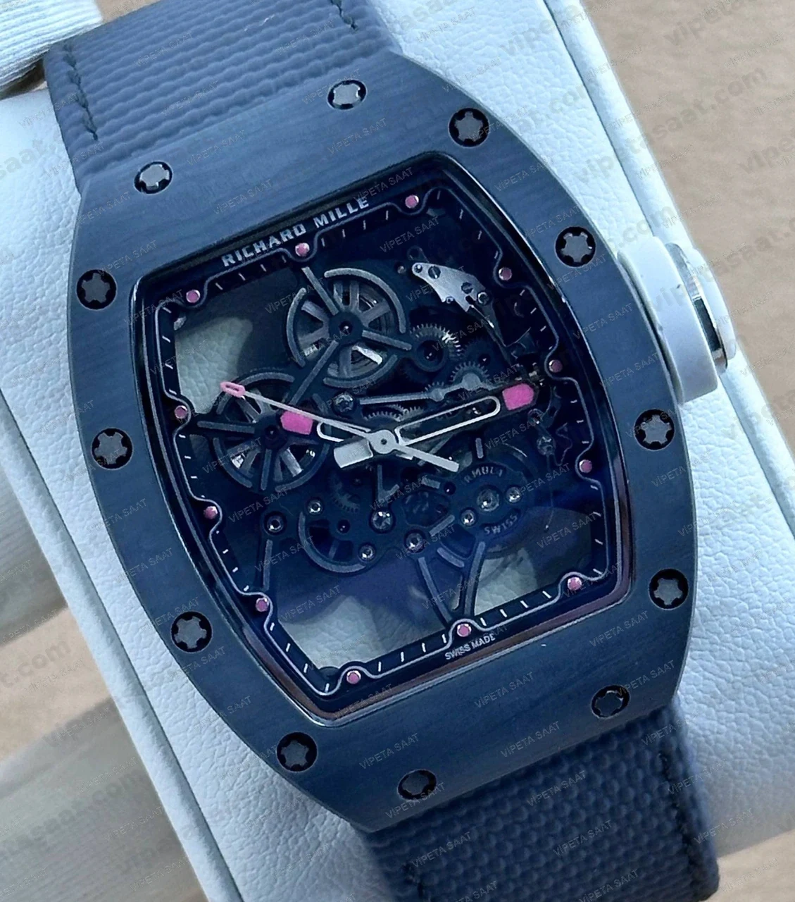 Richard Mille RM 35-02 50 mm Rafael Nadal Siyah Karbon TPT İskelet Kadran Siyah Kordon Super Clone ETA Saat Detay Görsel 1