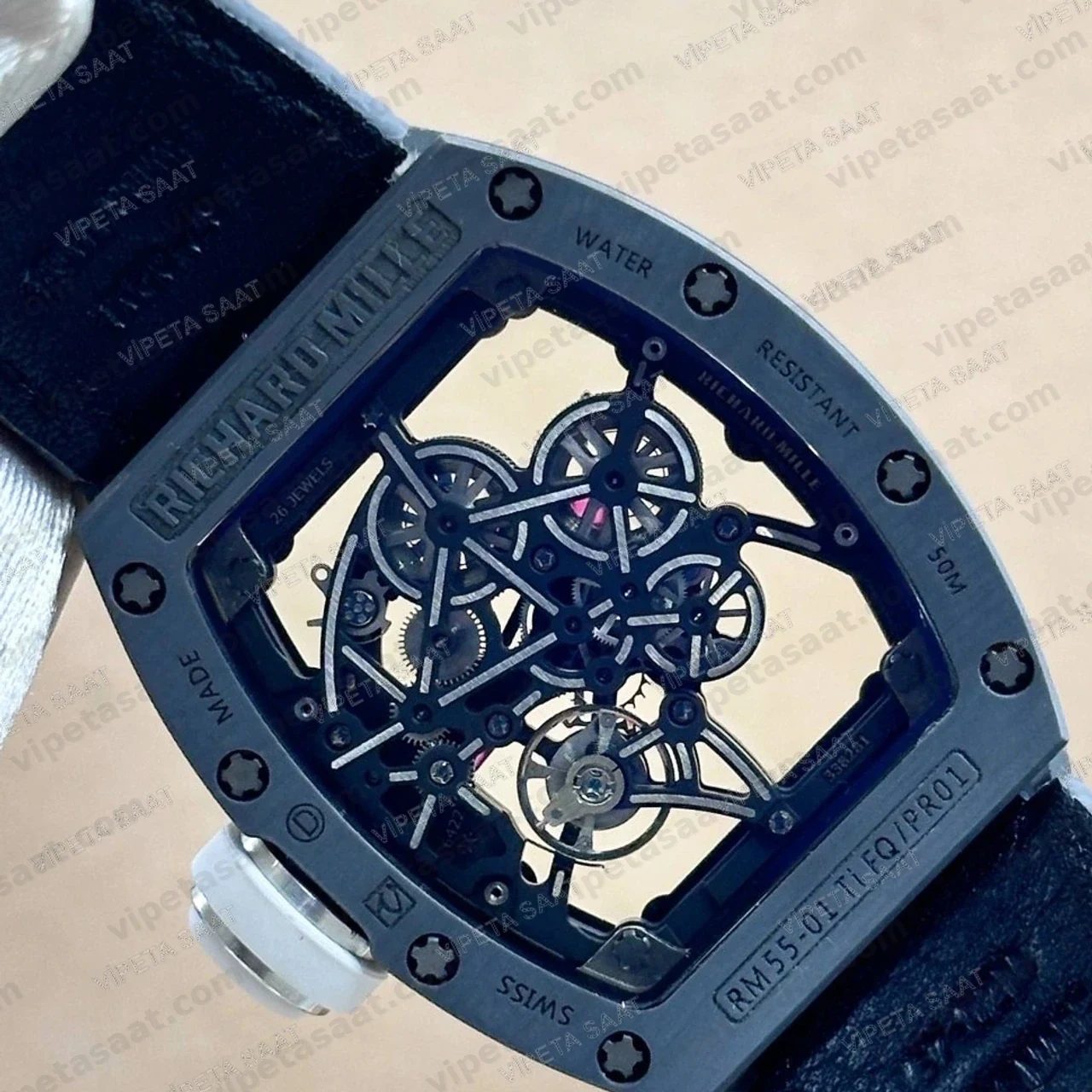 Richard Mille RM 35-02 50 mm Rafael Nadal Siyah Karbon TPT İskelet Kadran Siyah Kordon Super Clone ETA Saat Detay Görsel 4