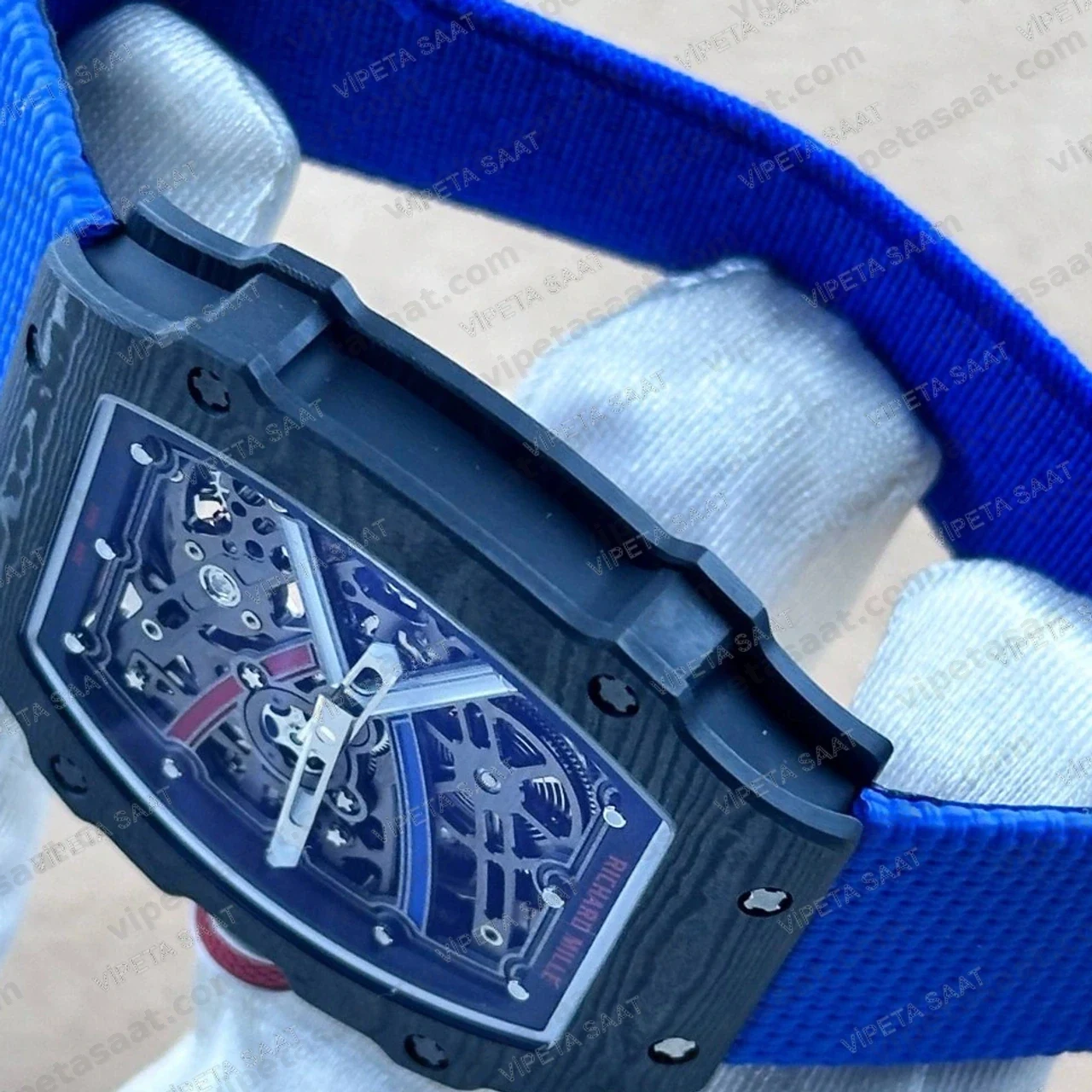 Richard Mille RM 67-02 47 mm Siyah Karbon TPT İskelet Kadran Mavi Kordon Super Clone ETA Saat - Görsel 4