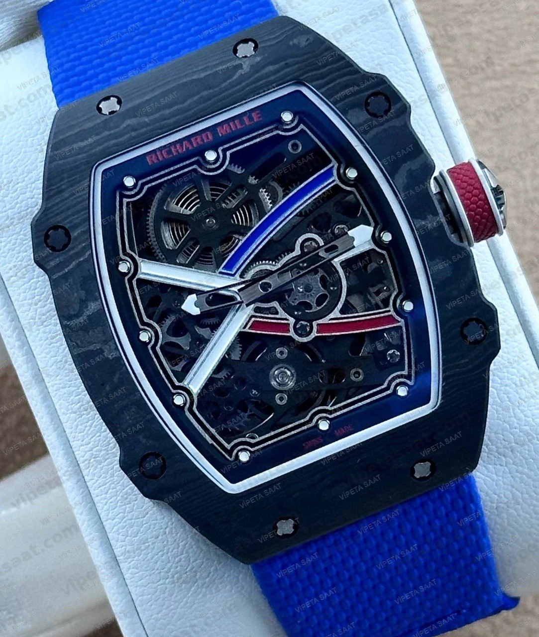 Richard Mille RM 67-02 47 mm Siyah Karbon TPT İskelet Kadran Mavi Kordon Super Clone ETA Saat - Görsel 2