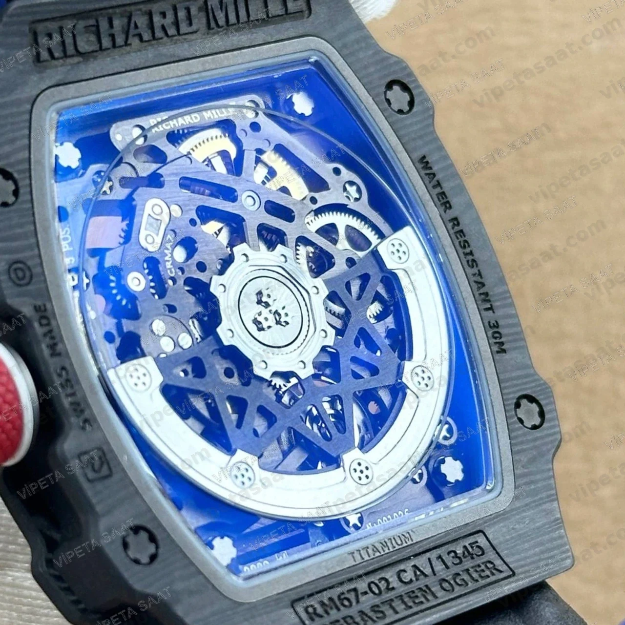 Richard Mille RM 67-02 47 mm Siyah Karbon TPT İskelet Kadran Mavi Kordon Super Clone ETA Saat - Görsel 5