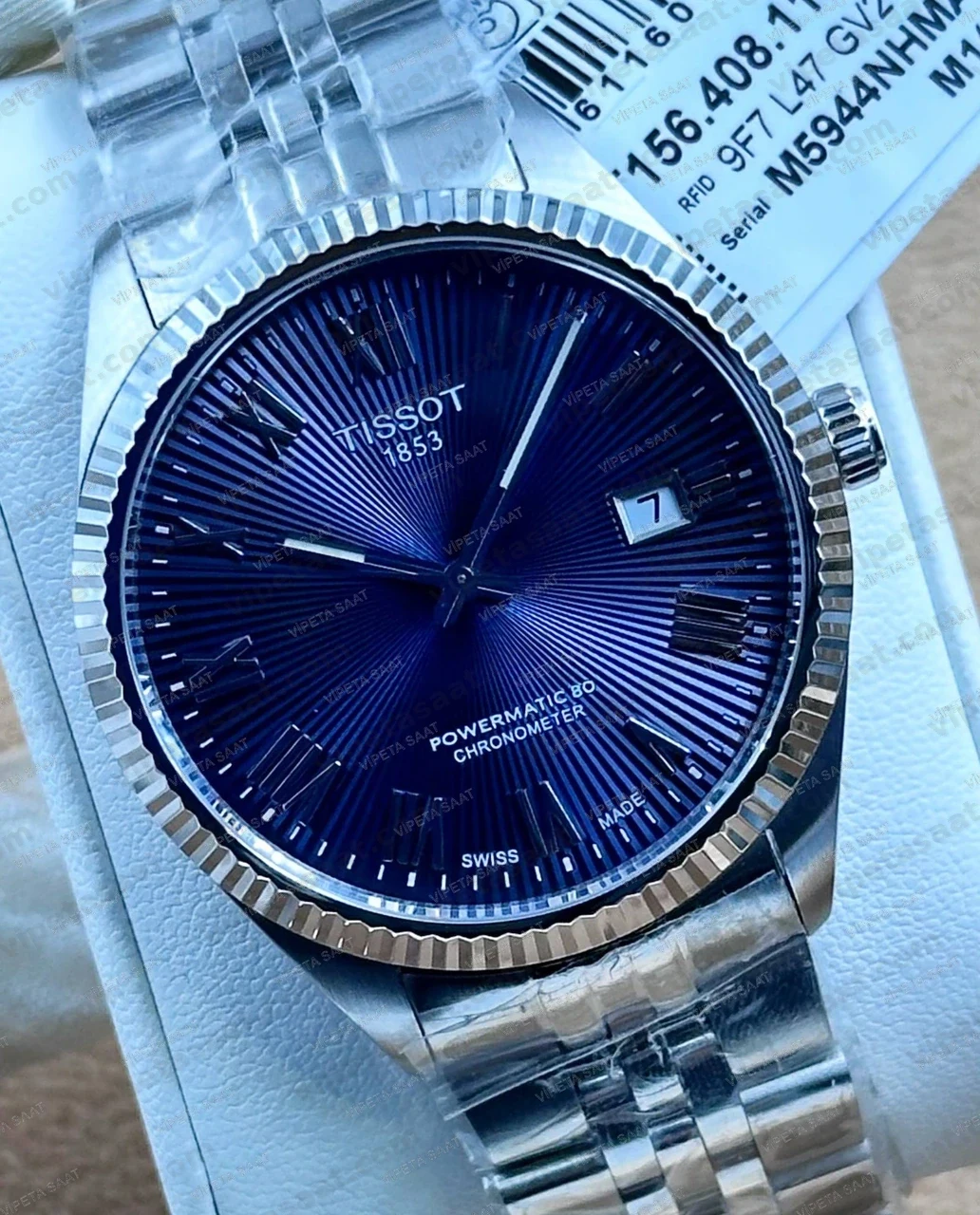 Tissot Ballade Powermatic 80 T156.408.11.043.00 Lacivert Mavi Dokulu Kadran Fluted Bezel Çelik Bilezik Super Clone ETA Saat Detay Görsel 1