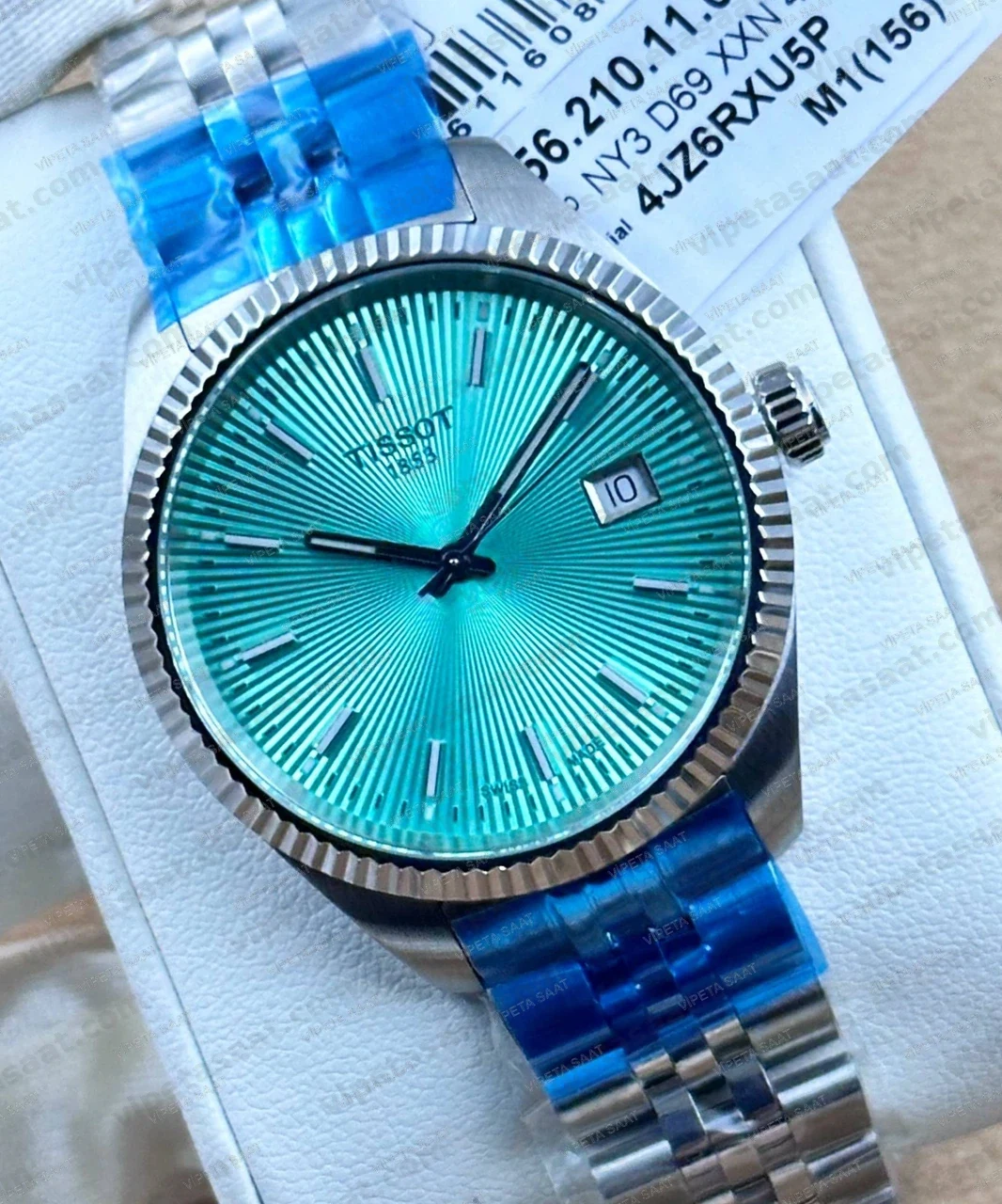 Tissot Ballade T156.210.11.091.00 Turkuaz Tiffany Yeşil Kadran Fluted Bezel Jubilee Çelik Bilezik Super Clone ETA Saat - Görsel 2