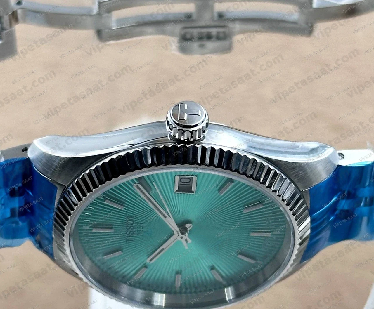 Tissot Ballade T156.210.11.091.00 Turkuaz Tiffany Yeşil Kadran Fluted Bezel Jubilee Çelik Bilezik Super Clone ETA Saat - Görsel 3