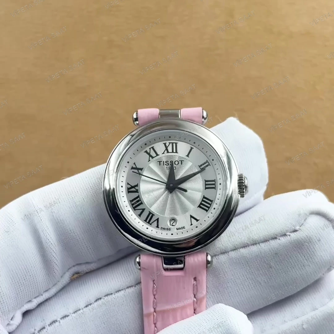 Tissot Desir T152.010.16.038.01 28 MM Gümüş Guilloche Roma Rakamlı Kadran Pembe Deri Kordon Bayan Super Clone ETA Saat Detay Görsel 1
