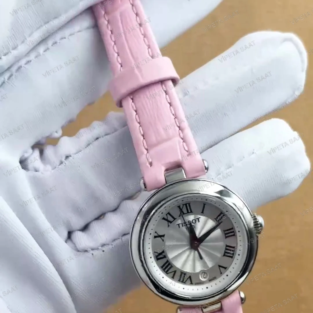 Tissot Desir T152.010.16.038.01 28 MM Gümüş Guilloche Roma Rakamlı Kadran Pembe Deri Kordon Bayan Super Clone ETA Saat Detay Görsel 4
