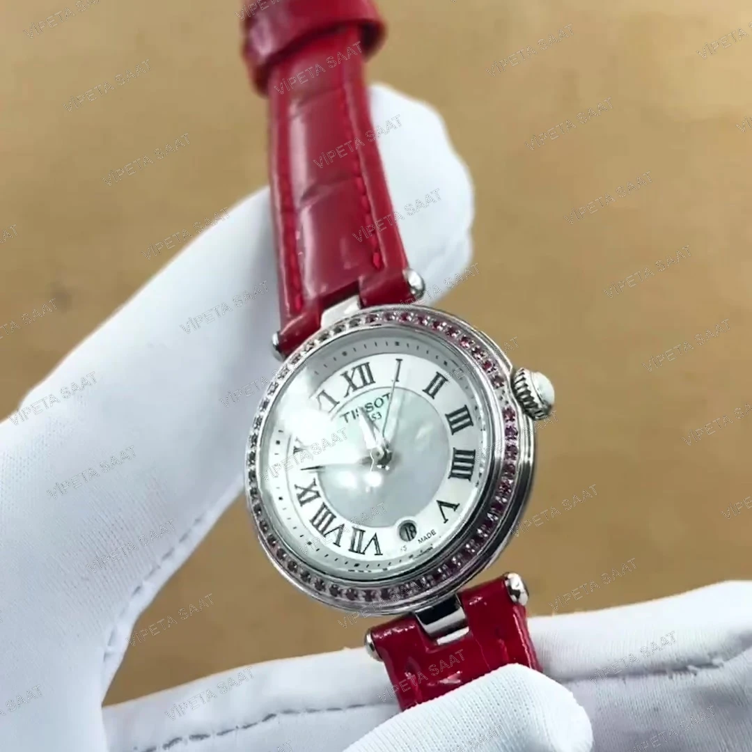 Tissot Desir T152.010.16.116.00 28 MM Taşlı Bezel Beyaz Sedef Roma Rakamlı Kadran Kırmızı Deri Kordon Bayan Super Clone ETA Saat Detay Görsel 3