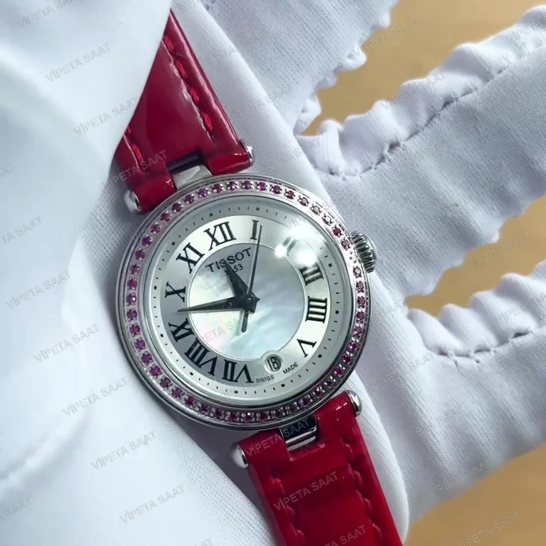 Tissot Desir T152.010.16.116.00 28 MM Taşlı Bezel Beyaz Sedef Roma Rakamlı Kadran Kırmızı Deri Kordon Bayan Super Clone ETA Saat - Görsel 7