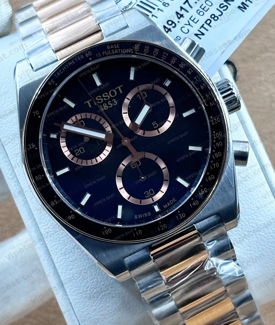 Tissot PR516 Chronograph T149.417.22.051.01 Siyah Kadran Two Tone Rose Gold Çelik Bilezik Super Clone ETA Saat Detay Görsel 1