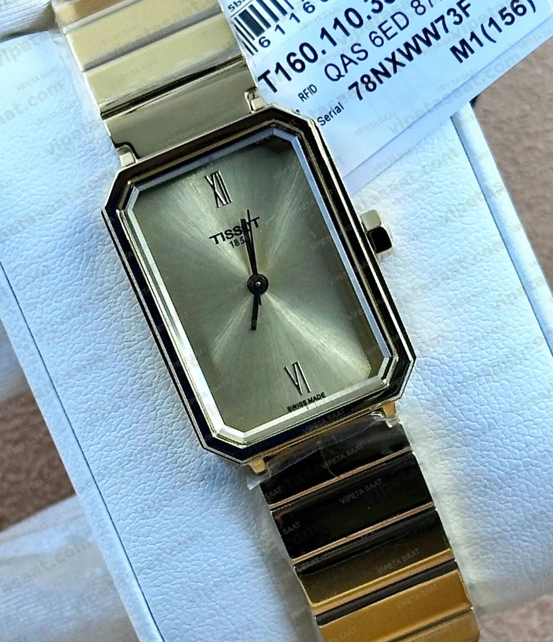 Tissot SRV Dikdörtgen T160.110.33.023.00 Şampanya Altın Kadran Sarı Altın Bilezik Bayan Super Clone ETA Saat Detay Görsel 1
