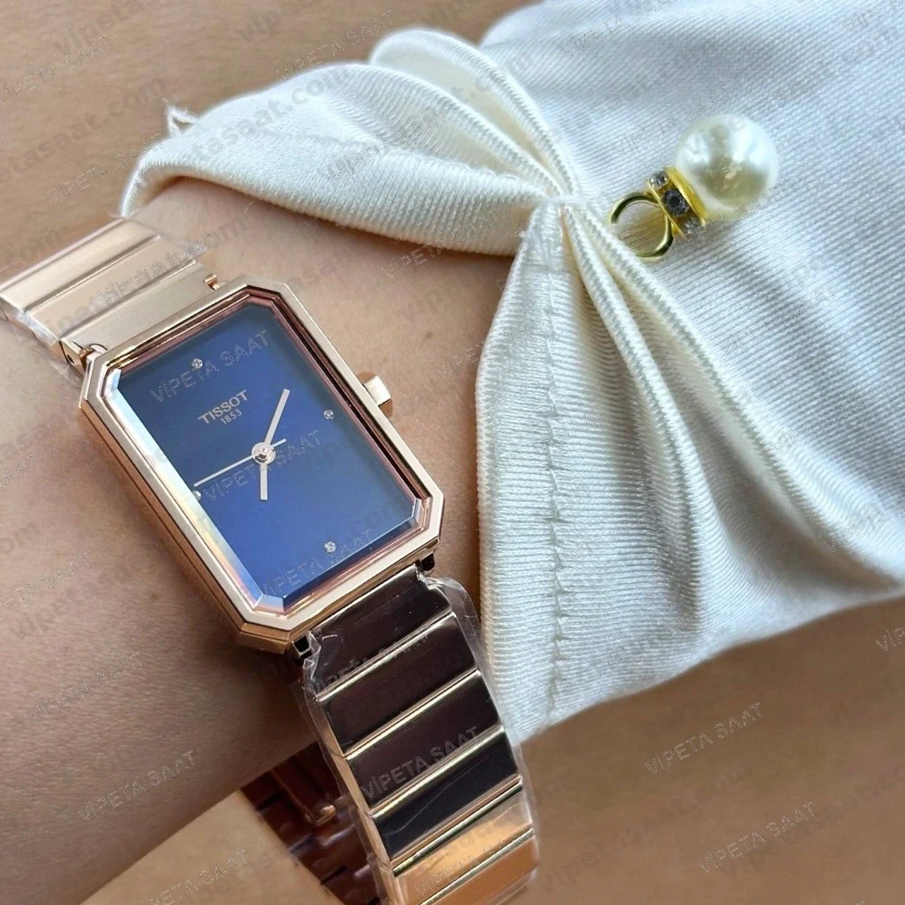 Tissot SRV Dikdörtgen T160.110.33.046.00 Lacivert Pırlanta İndeks Kadran Rose Gold Bilezik Bayan Super Clone ETA Saat - Görsel 8