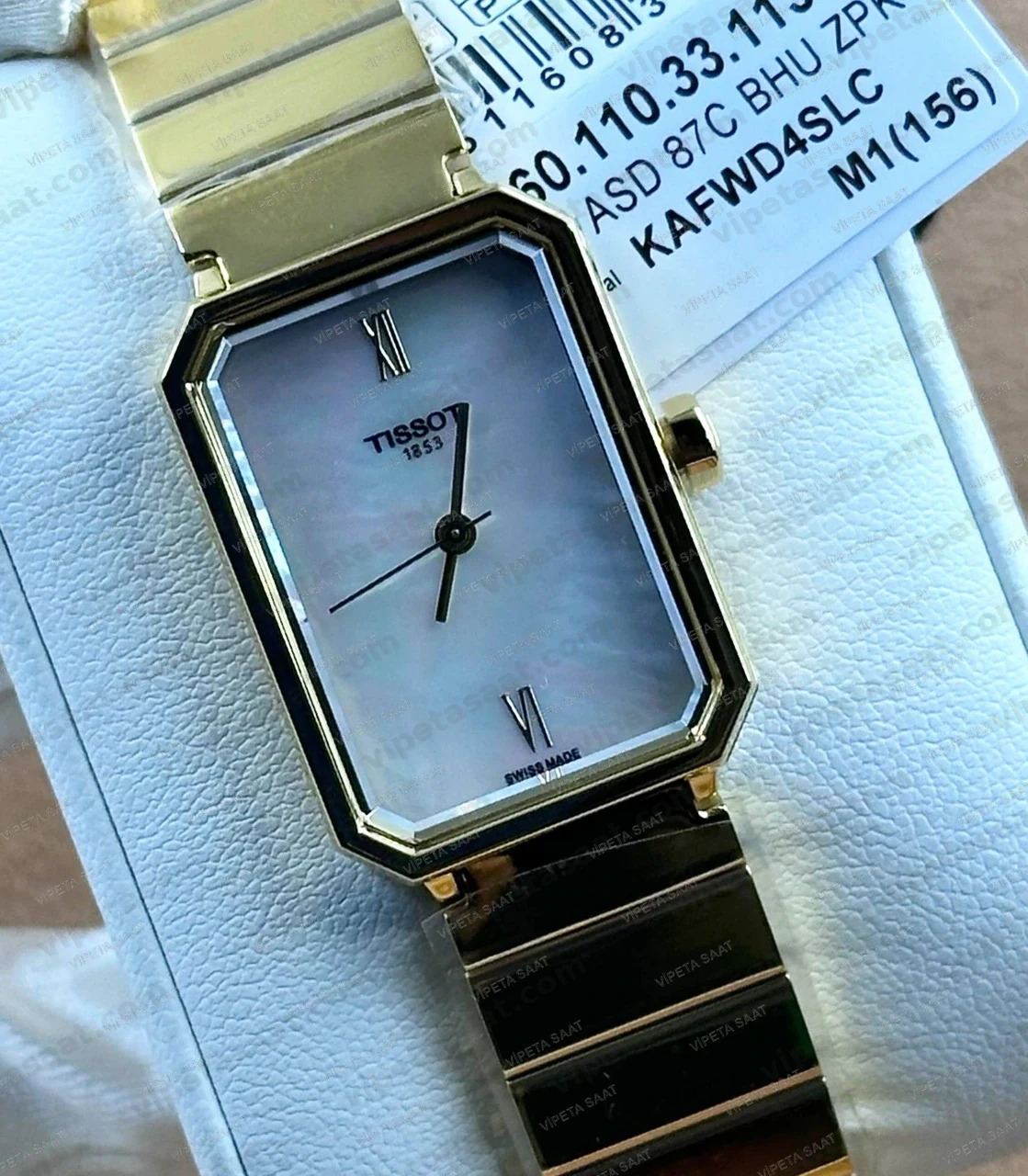 Tissot SRV Dikdörtgen T160.110.33.113.00 Beyaz Sedef Kadran Sarı Altın Bilezik Bayan Super Clone ETA Saat - Görsel 2