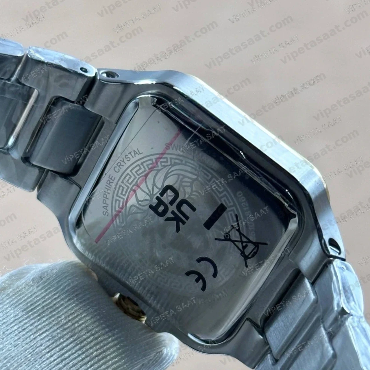 Versace Greca Kare Kasa Gümüş Beyaz Kadran Two Tone Sarı Altın Çelik Bilezik Bayan Super Clone ETA Saat - Görsel 5