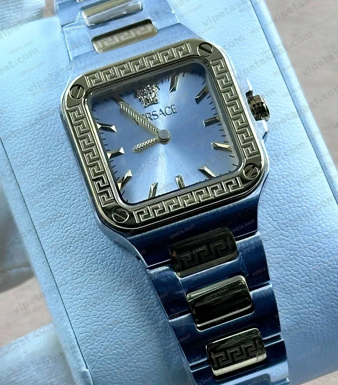 Versace Greca Kare Kasa Gümüş Beyaz Kadran Two Tone Sarı Altın Çelik Bilezik Bayan Super Clone ETA Saat - Görsel 2