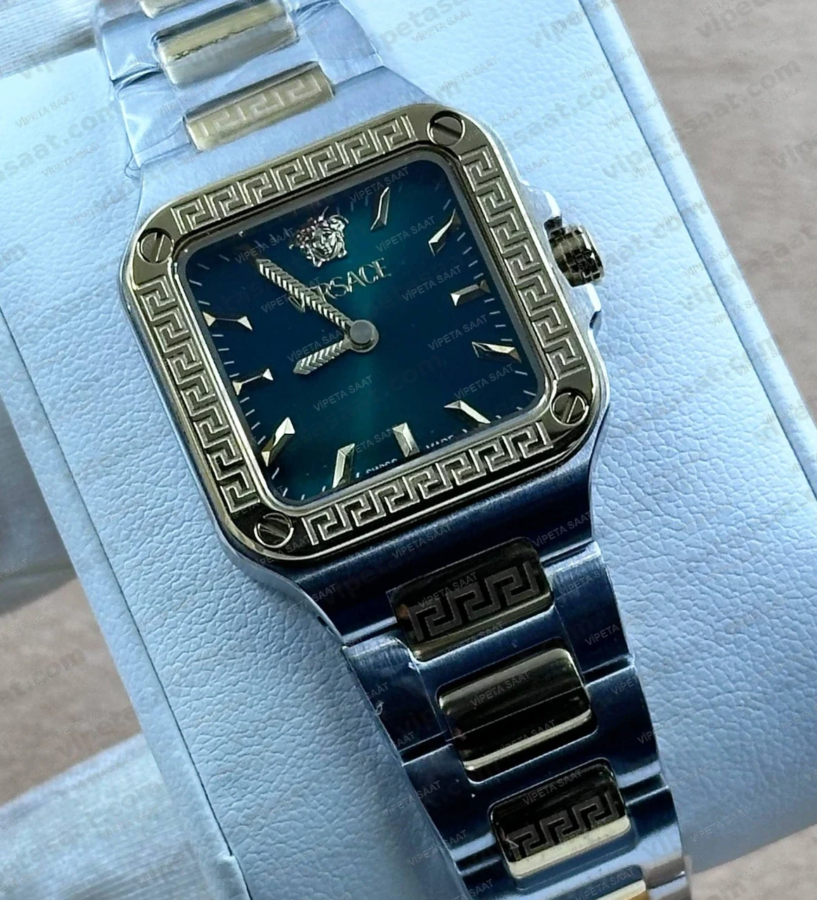 Versace Greca Kare Kasa Zümrüt Yeşil Kadran Two Tone Sarı Altın Çelik Bilezik Bayan Super Clone ETA Saat - Görsel 2